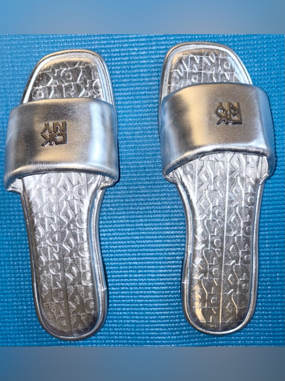 DKNY Silver Slide Sandals Metallic Logo Size 8